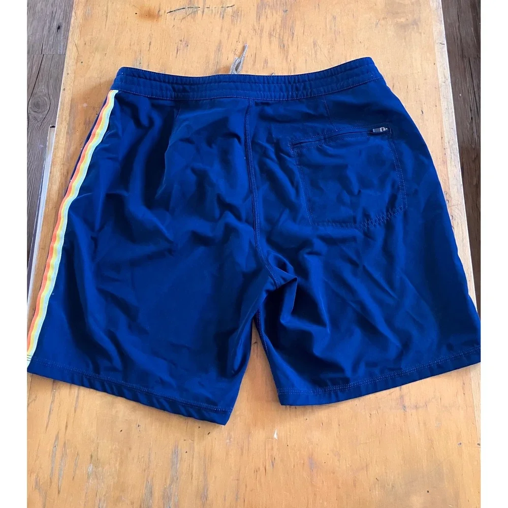 Moondoggies Surf Shop Board Shorts Mens 32 Navy Blue Rainbow Stripe Retro Trunks